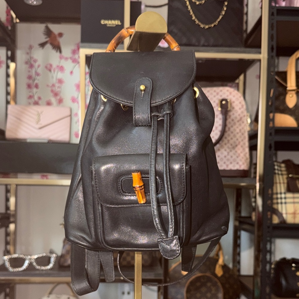 Gucci Black Leather Backpack with Bamboo Accent - Luxury Designer
